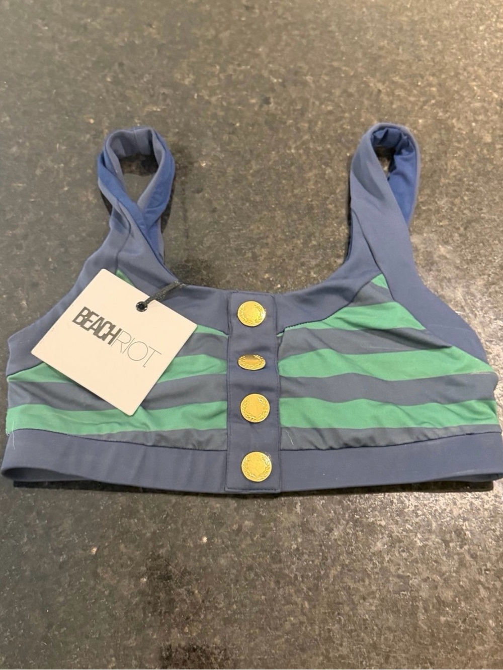 Beach Riot Blue and Green Striped Button-Front Bikini Top